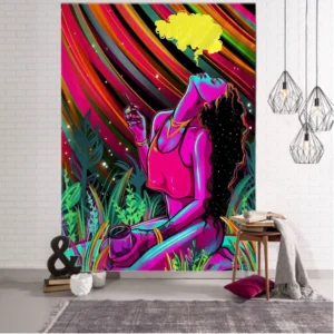 Gobelin psychedeliczny z dziewczyną w dymie boho hippie Fioletowy