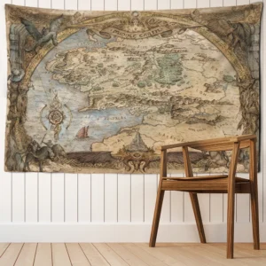 Gobelin retro z mapą górskiego lasu w stylu boho Armijna zieleń
