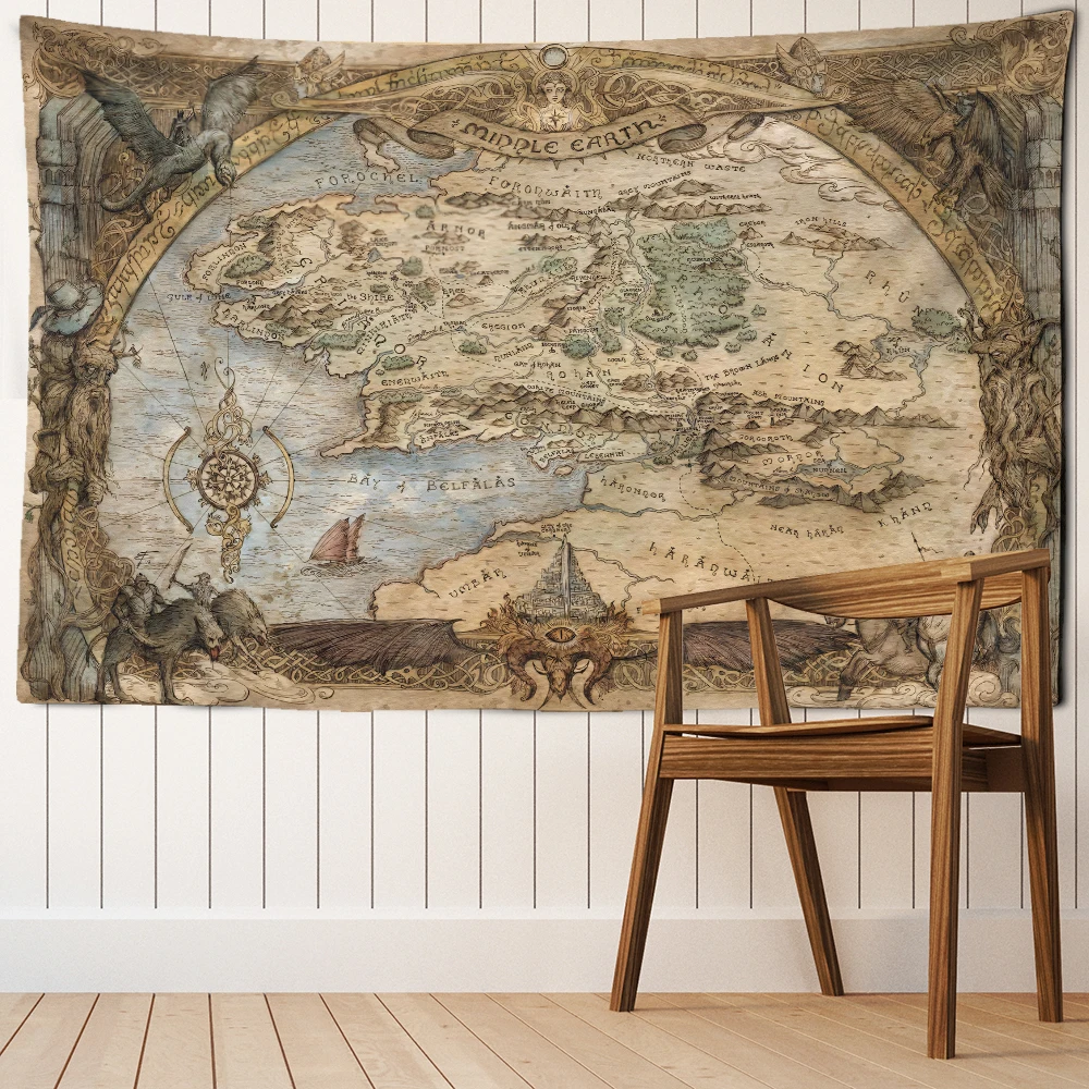Gobelin retro z mapą górskiego lasu w stylu boho Armijna zieleń