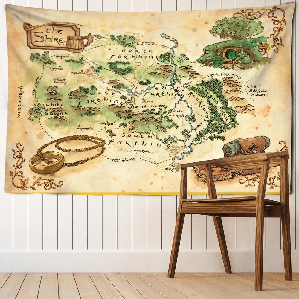 Gobelin retro z mapą górskiego lasu w stylu boho Brązowy