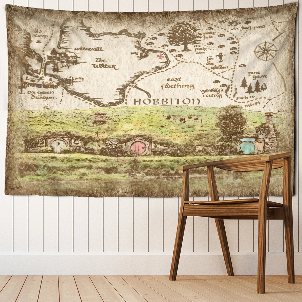 Gobelin retro z mapą górskiego lasu w stylu boho Czarny