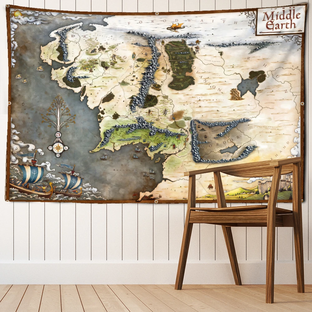Gobelin retro z mapą górskiego lasu w stylu boho Niebieski