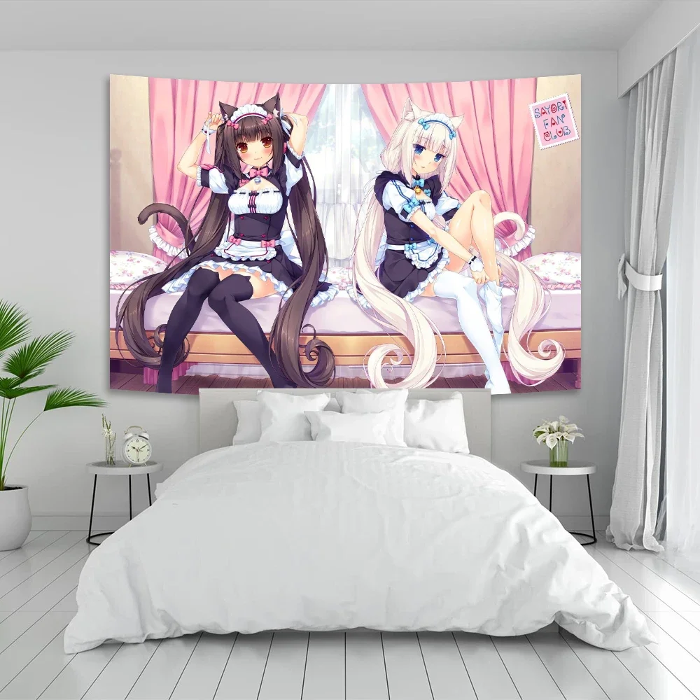Gobelin ścienny Anime Nekoparas Kawaii — plakat tkaninowy do sypialni Armijna zieleń