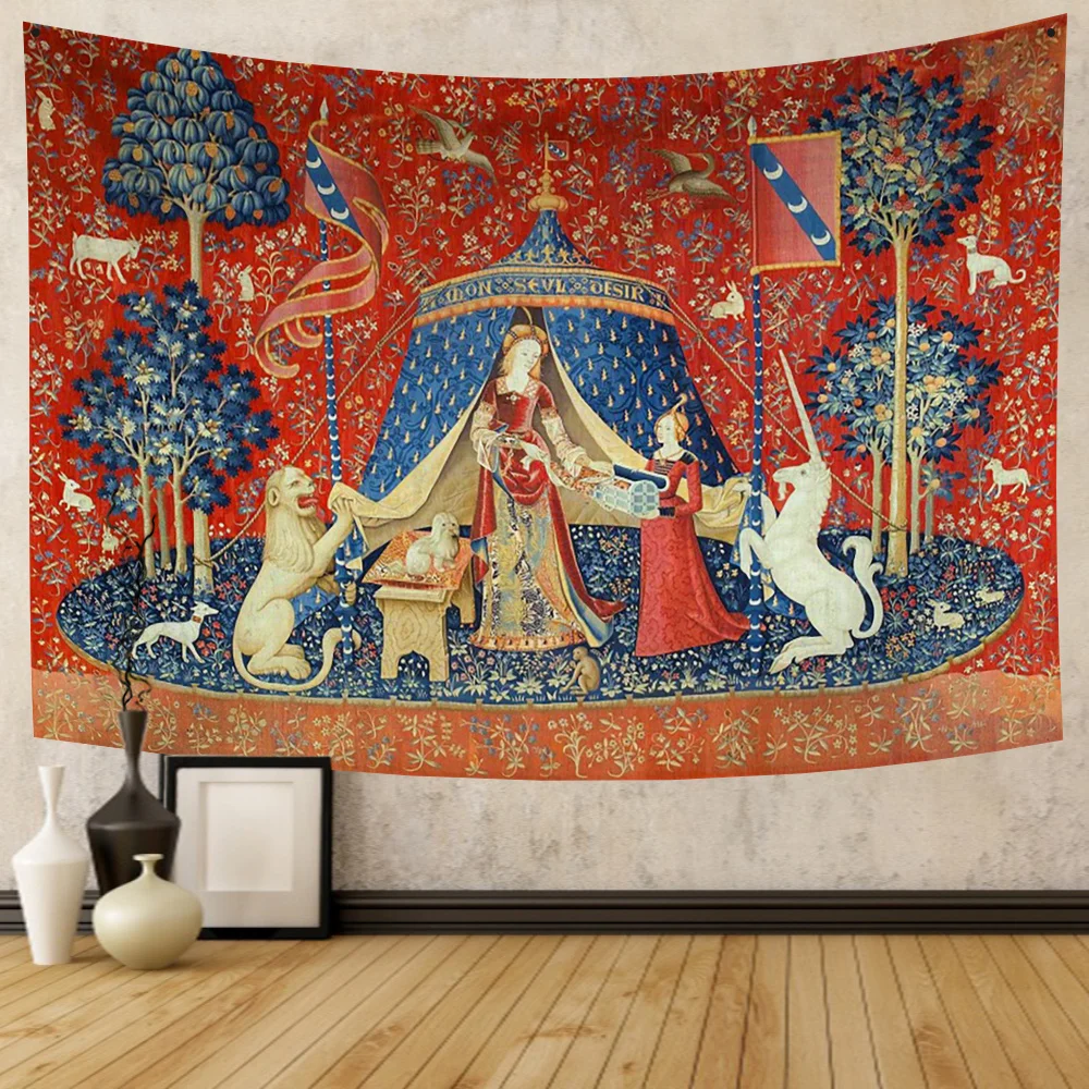 Gobelin ścienny Dama z jednorożcem - dekoracyjna narzuta Czarny