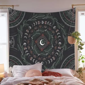 Gobelin ścienny z fazami księżyca i kwiatami — boho dekoracja sypialni Fioletowo szary