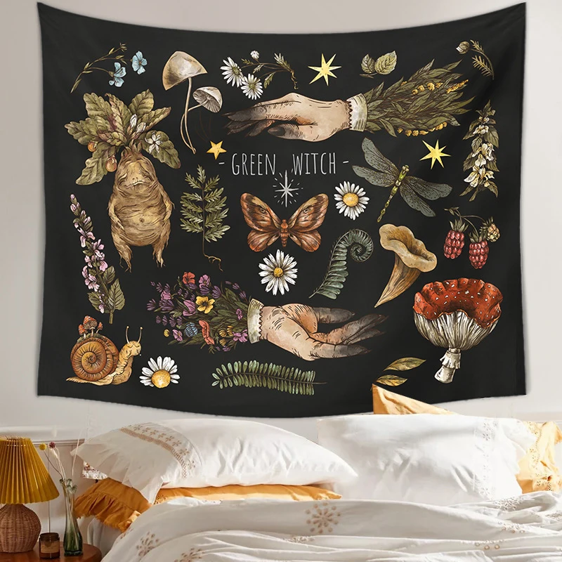 Gobelin ścienny grzybki w stylu boho hippie Fioletowo szary