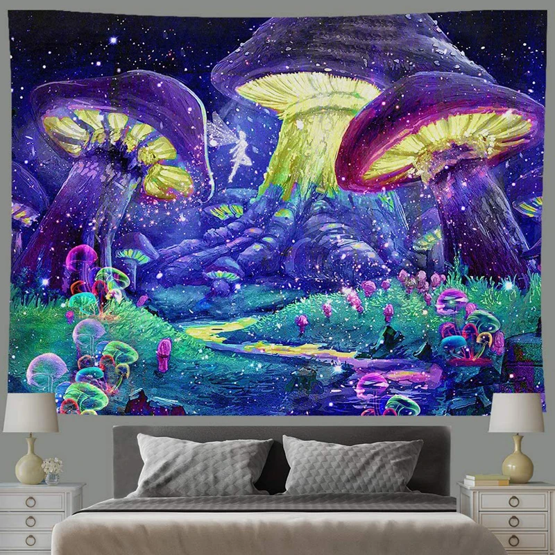 Gobelin ścienny grzybki w stylu boho hippie Zielony fluorescencyjny