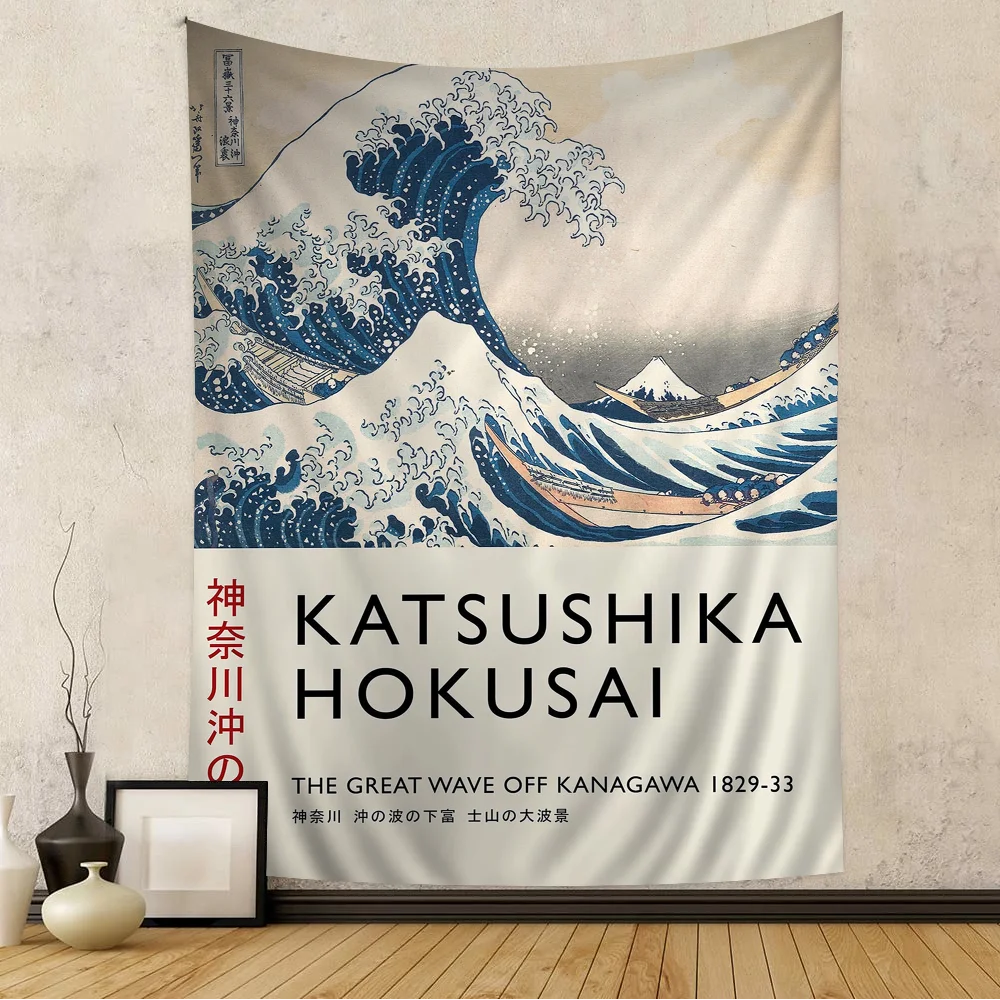 Gobelin ścienny japoński Hokusai sztuka dekoracja salonu Armijna zieleń