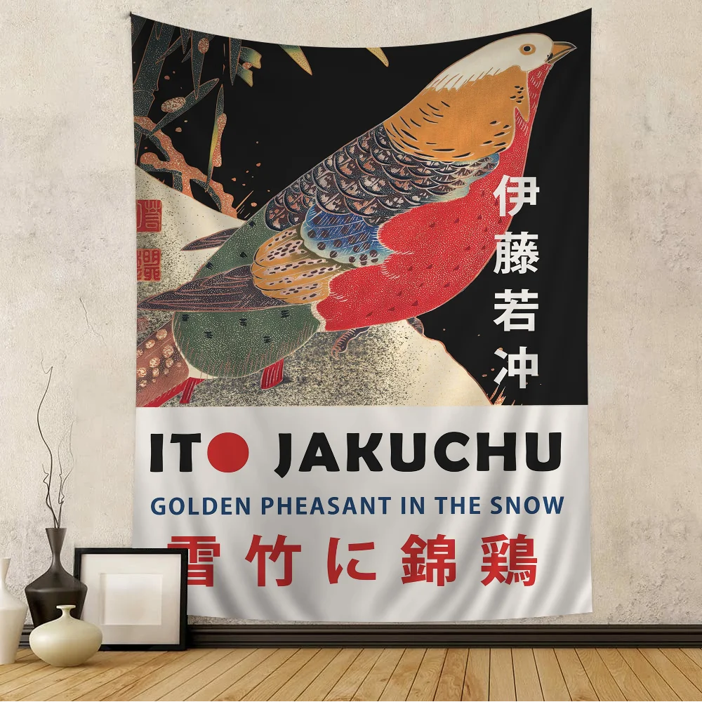 Gobelin ścienny japoński Hokusai sztuka dekoracja salonu Brązowy