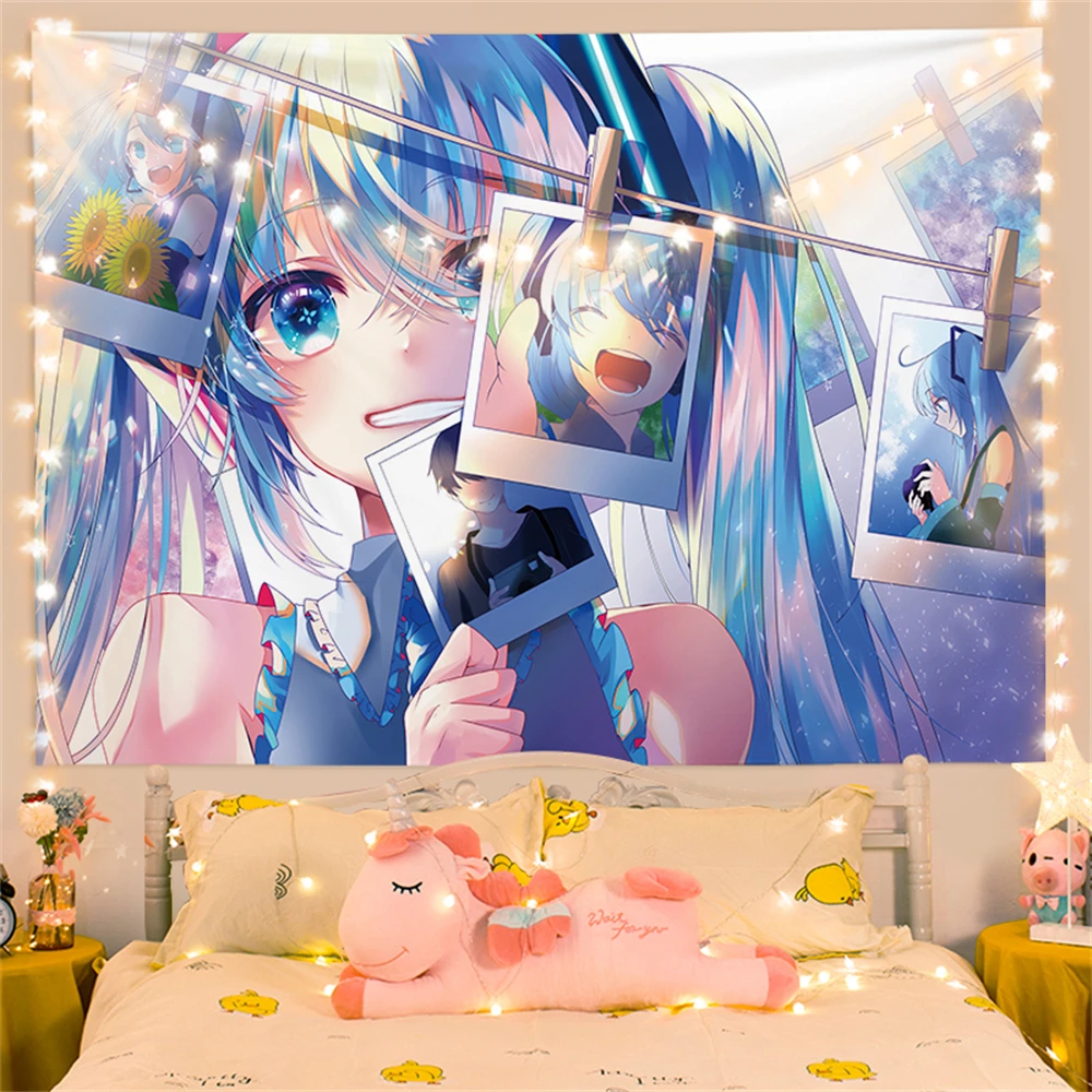 Gobelin ścienny kawaii japońska dziewczyna — dekoracja sypialni i pokoju Ciemny szary