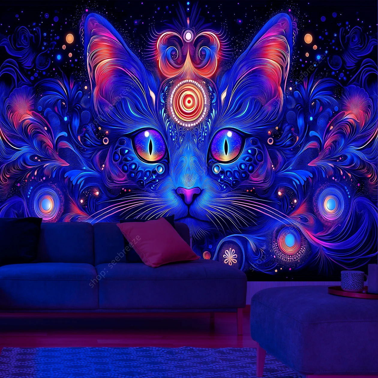 Gobelin ścienny kosmiczny kot UV fluorescencyjny do sypialni Brązowy