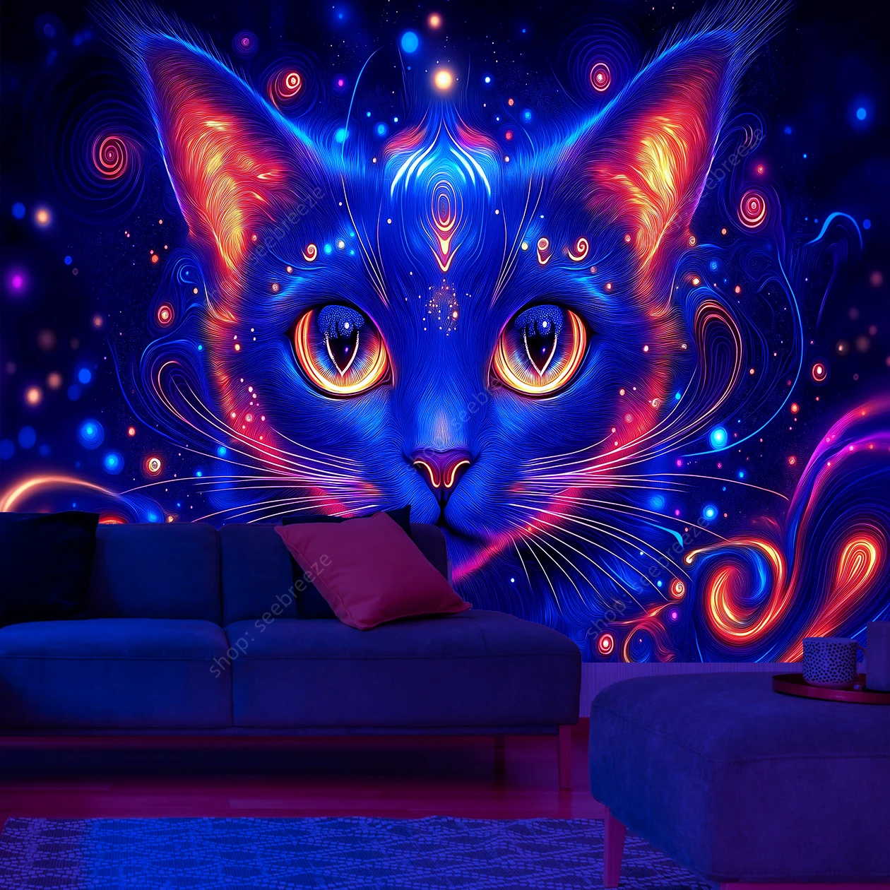 Gobelin ścienny kosmiczny kot UV fluorescencyjny do sypialni Czarny