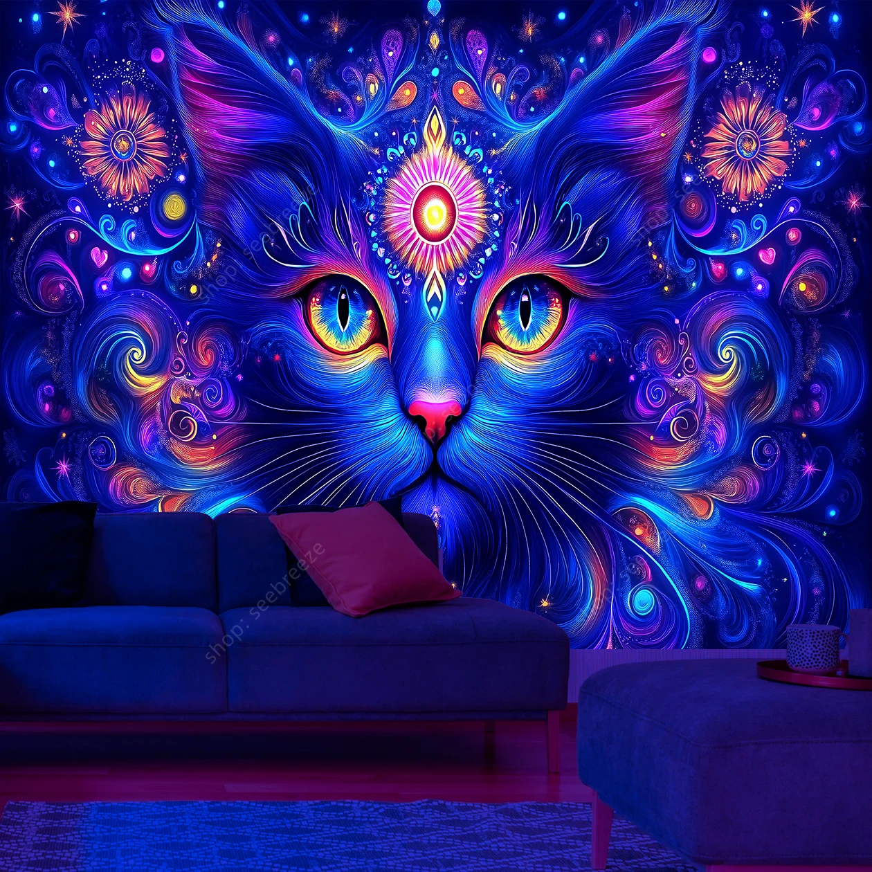 Gobelin ścienny kosmiczny kot UV fluorescencyjny do sypialni Czekolada