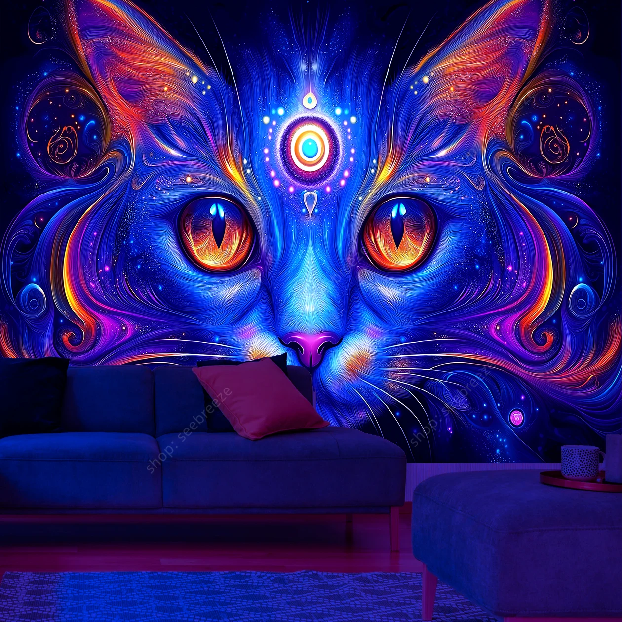 Gobelin ścienny kosmiczny kot UV fluorescencyjny do sypialni Kolor