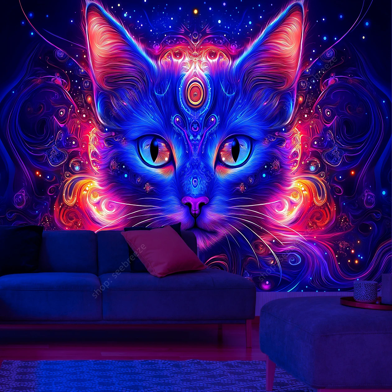 Gobelin ścienny kosmiczny kot UV fluorescencyjny do sypialni Niebieski