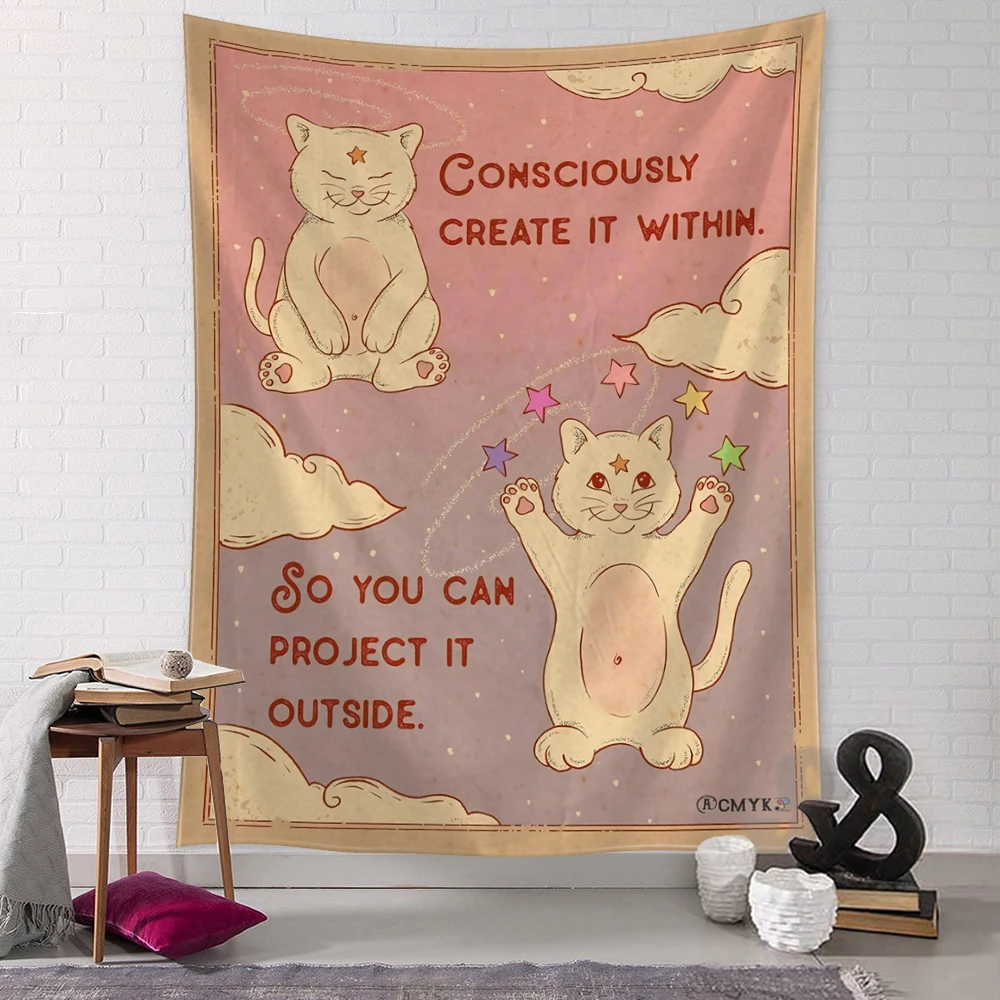 Gobelin ścienny z kotem w stylu kawaii Burgundia