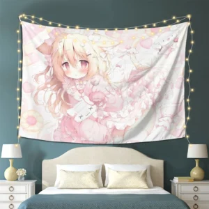 Gobelinowa tkanina wisząca z kotką w stylu anime — dekoracja ściany do pokoju Armijna zieleń