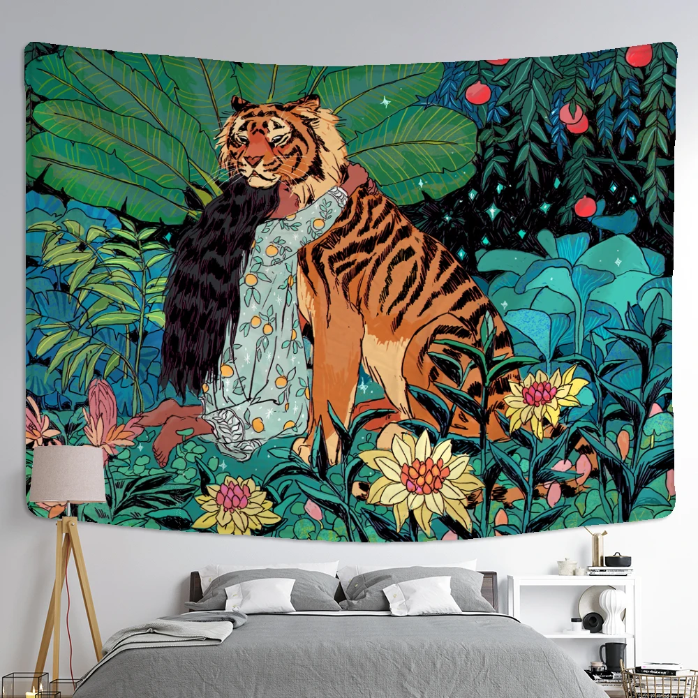 Gobelin ścienny z motywem lasu i księżyca — boho mandala Morela