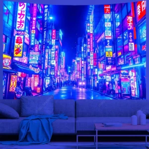 Gobelin dekoracyjny nocna panorama Tokio odblaskowy UV Armijna zieleń