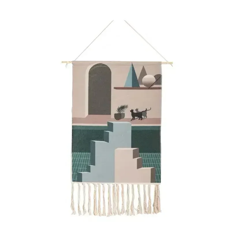 Gobelin ścienny nordycki bawełna – geometryczna makrama z frędzlami Masło