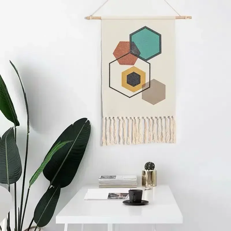 Gobelin ścienny nordycki bawełna – geometryczna makrama z frędzlami Pomarańczowy fluorescencyjny