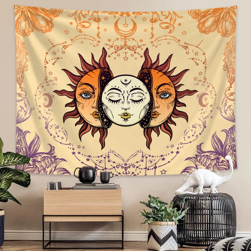 Gobelin ścienny z motywem słońca i księżyca – boho, fazy księżyca, do sypialni Morela