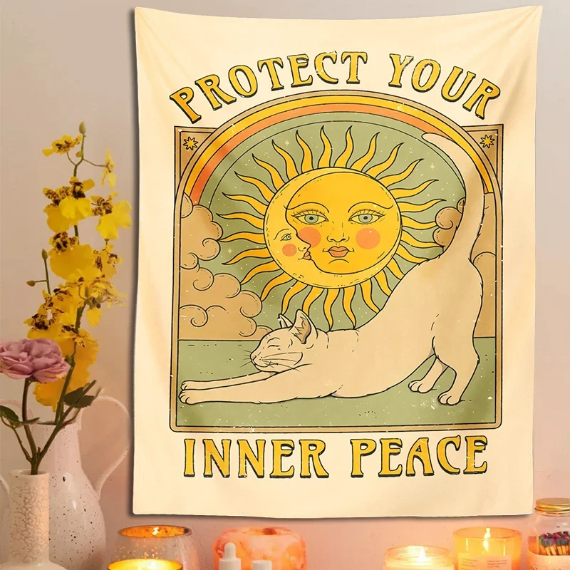 Gobelin ścienny tarot z kotem i księżycem — retro mistyczny wystrój Fioletowo szary