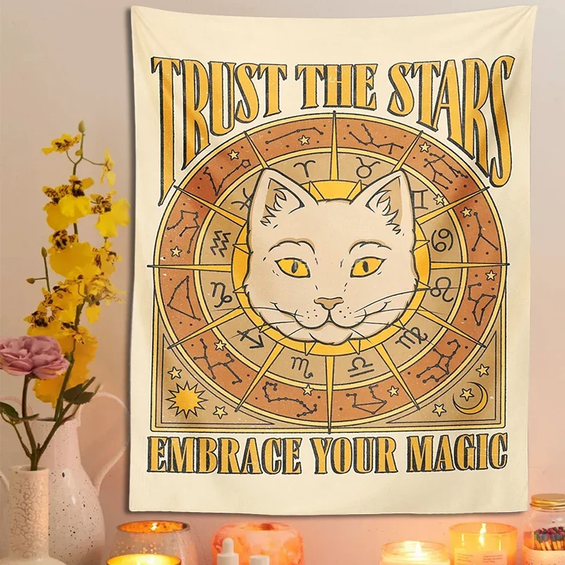 Gobelin ścienny tarot z kotem i księżycem — retro mistyczny wystrój Kryształ