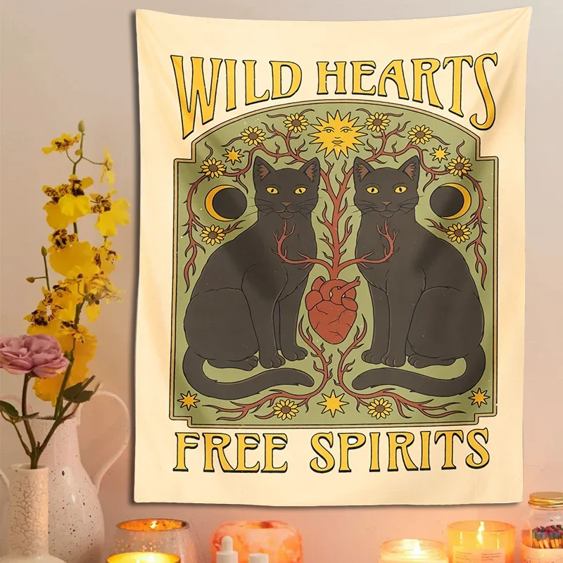 Gobelin ścienny tarot z kotem i księżycem — retro mistyczny wystrój Oliwkowy brąz