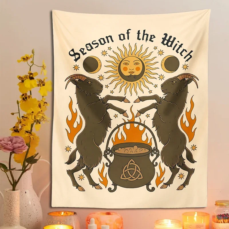 Gobelin ścienny tarot z kotem i księżycem — retro mistyczny wystrój Pomarańczowy fluorescencyjny