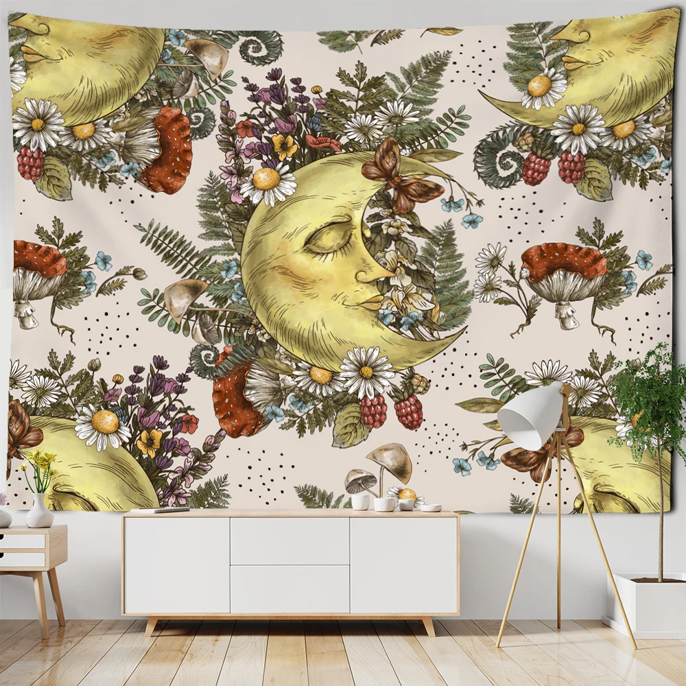Gobelin ścienny Vintage Słońce Księżyc z motywem botanicznym - dekoracja boho Jasnoszary