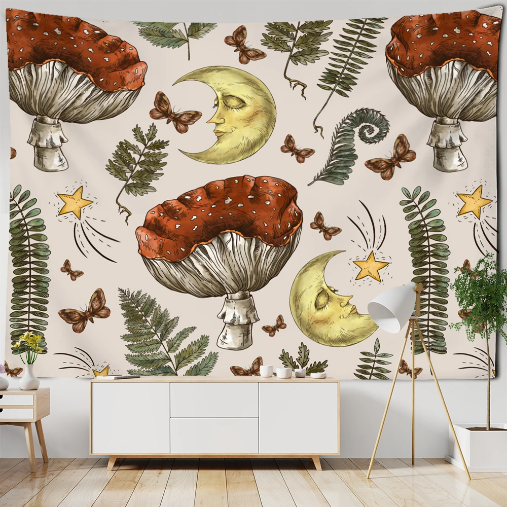 Gobelin ścienny Vintage Słońce Księżyc z motywem botanicznym - dekoracja boho Królewski niebieski