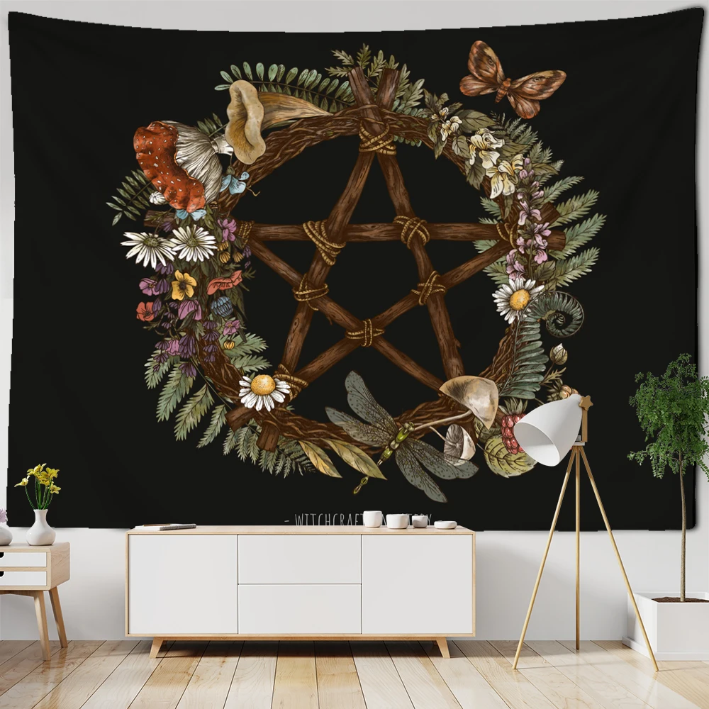 Gobelin ścienny Vintage Słońce Księżyc z motywem botanicznym - dekoracja boho Oliwkowy brąz