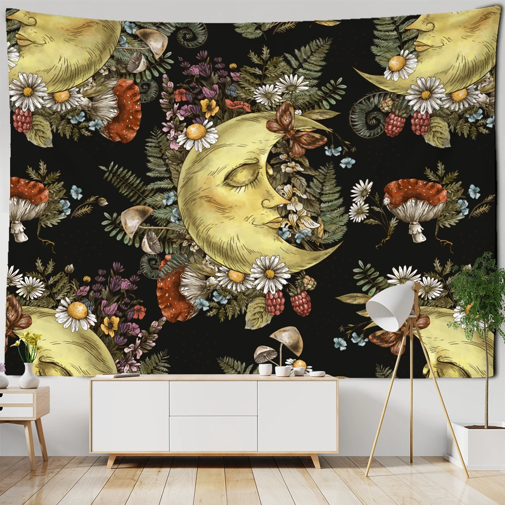Gobelin ścienny Vintage Słońce Księżyc z motywem botanicznym - dekoracja boho Pomarańczowy fluorescencyjny