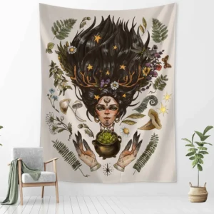 Gobelin vintage z grzybami i motywem czarownicy boho Głęboki fiolet