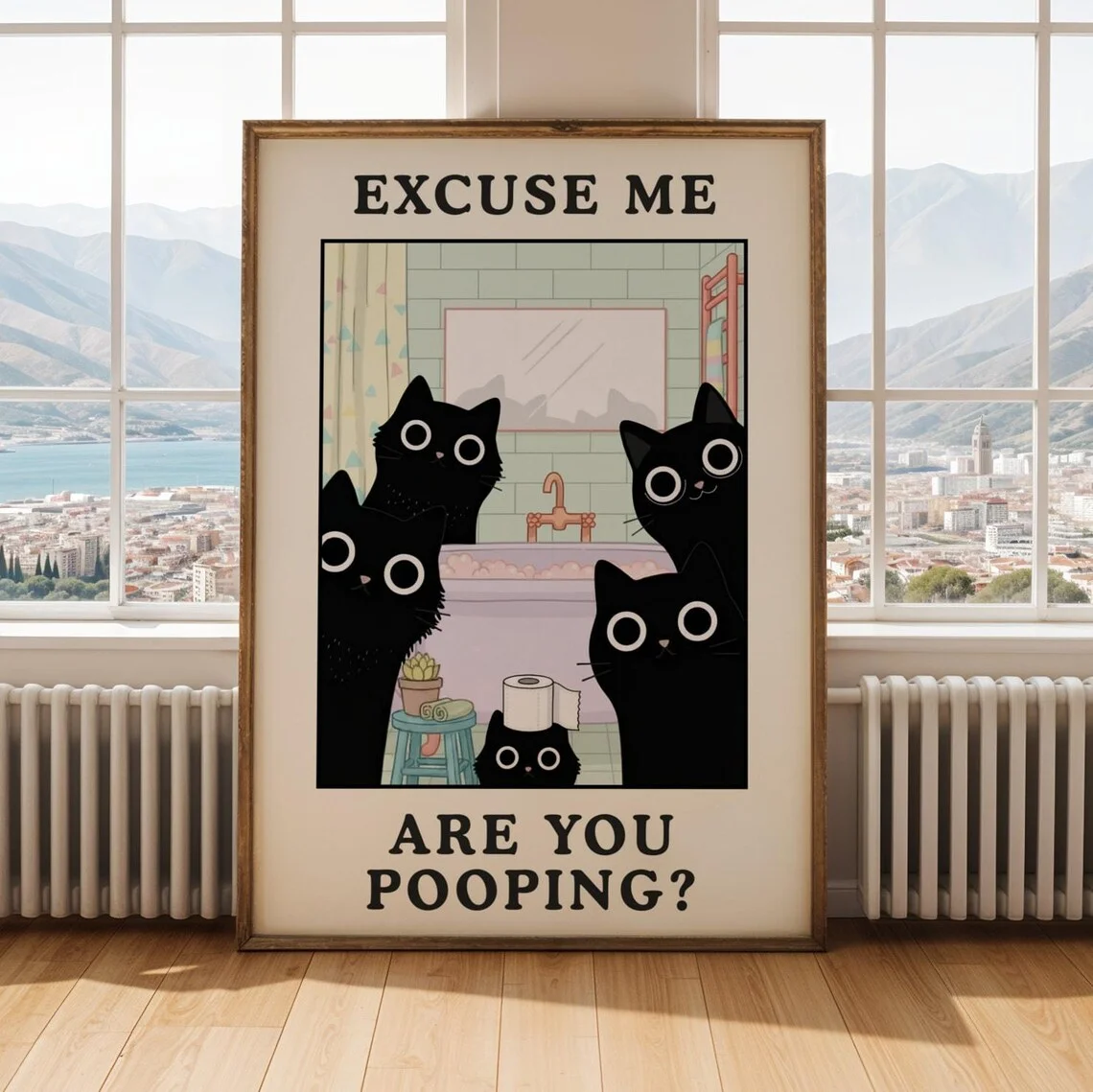 Humorystyczny plakat z kotem do łazienki śmieszny nadruk Czarny