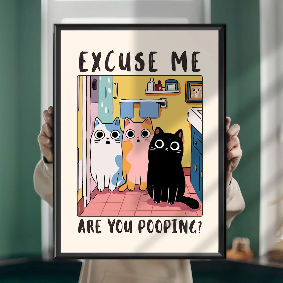 Humorystyczny plakat z kotem do łazienki śmieszny nadruk Zielony
