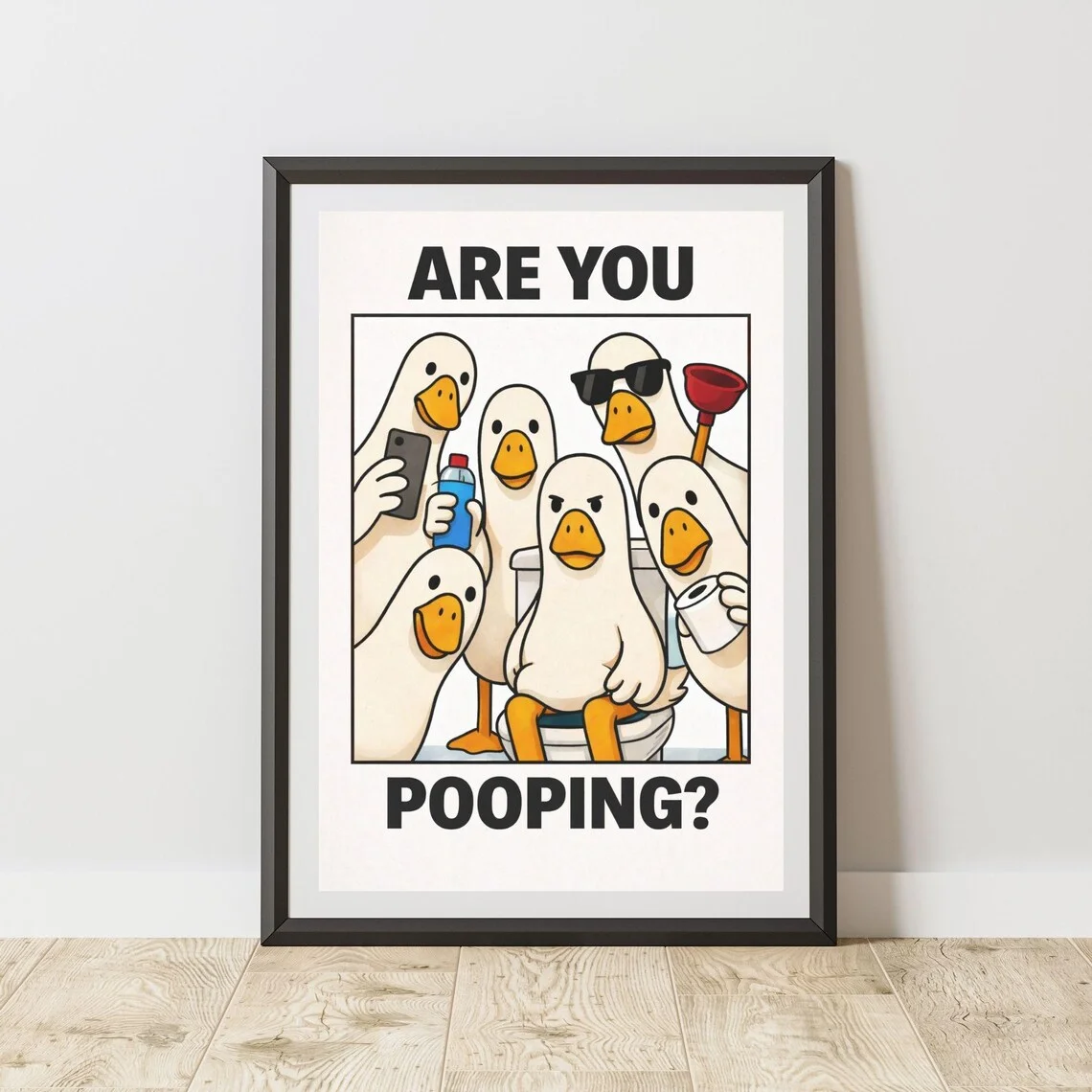 Humorystyczny plakat z kotem do łazienki śmieszny nadruk żółty