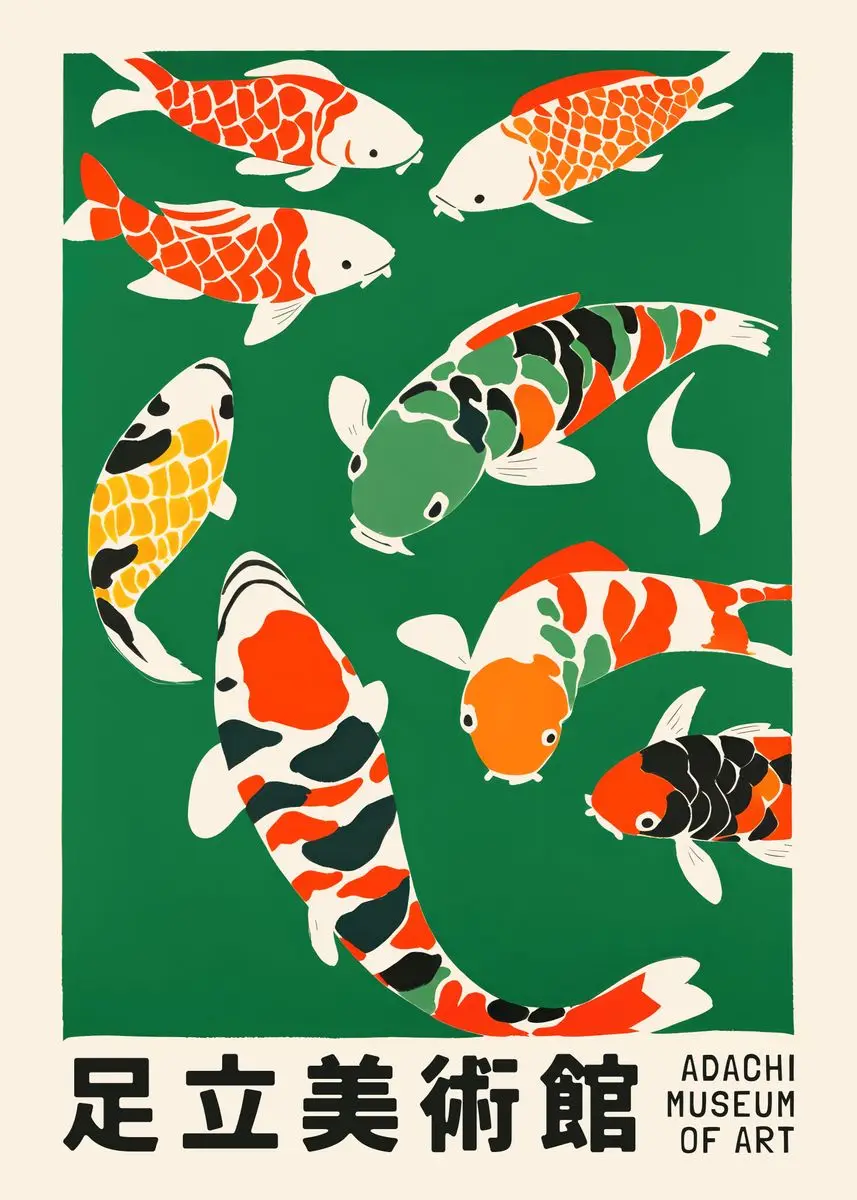 Japoński plakat estetyczny z żurawiem i karpiem koi — retro obraz na płótnie Biały