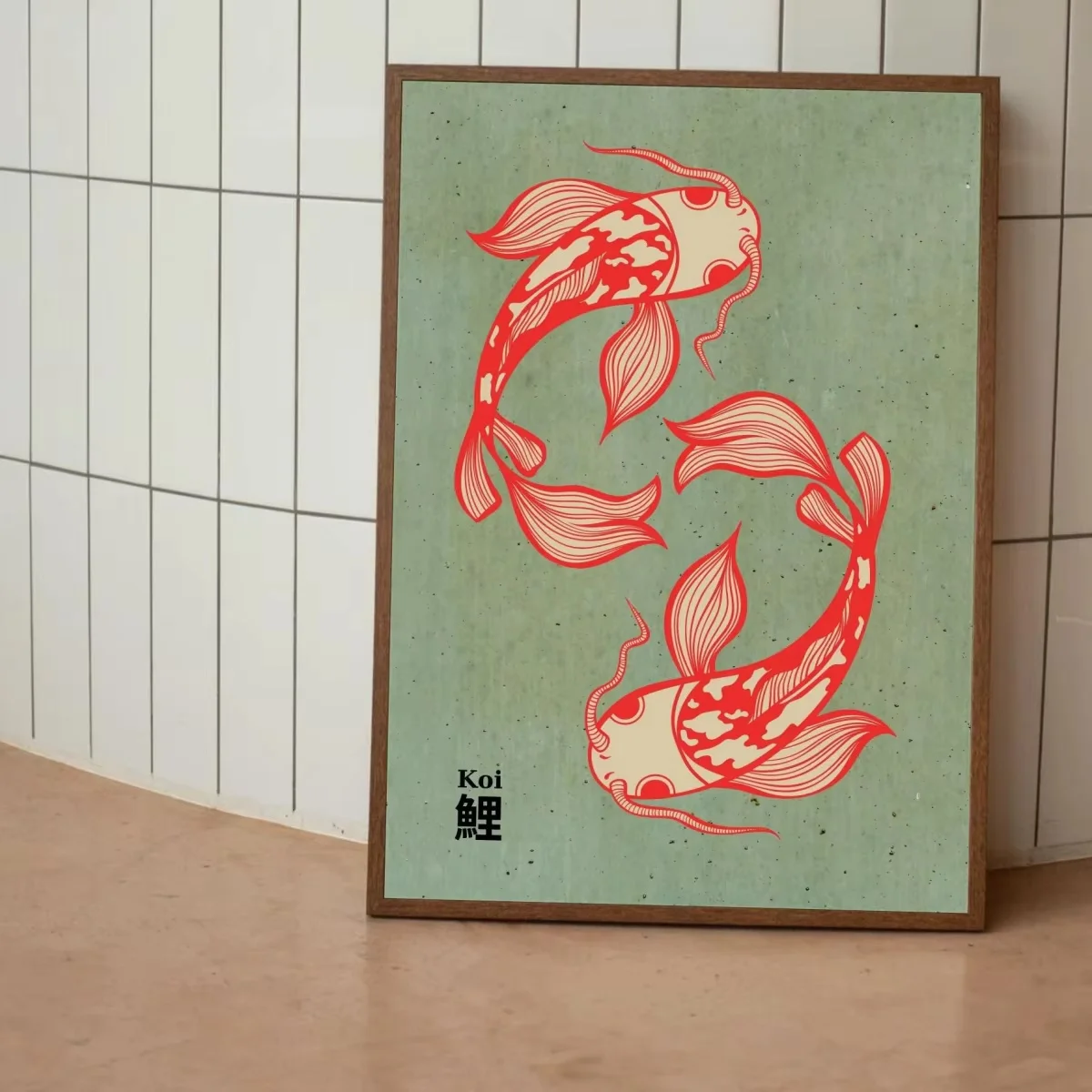 Japoński plakat vintage tygrys i kot w stylu Japandi retro Różowy