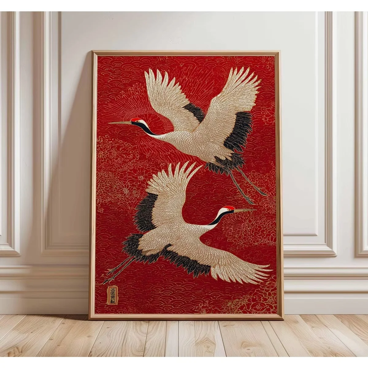 Japoński plakat vintage tygrys i kot w stylu Japandi retro Złoto