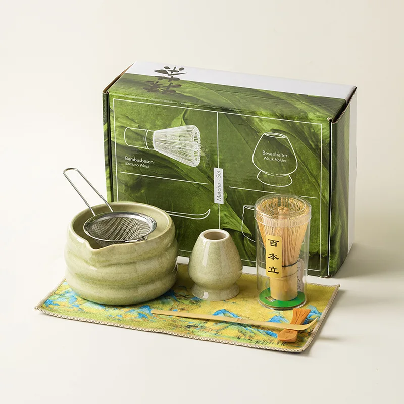 Japoński zestaw do matcha 4/7 elementów z miską i uchwytem na ubijak Armijna zieleń