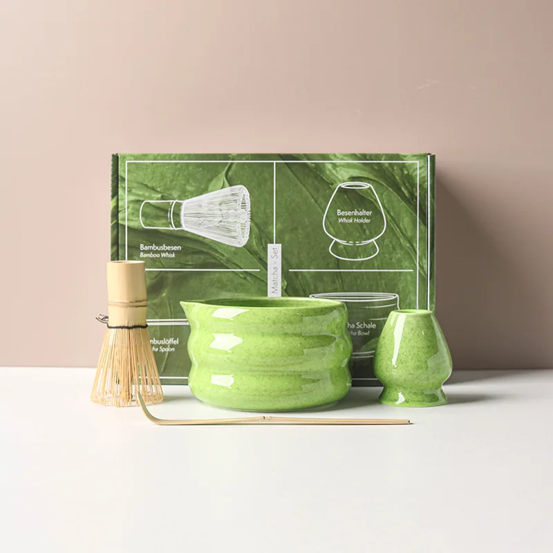Japoński zestaw do matcha 4/7 elementów z miską i uchwytem na ubijak Jasnożółty