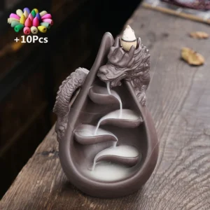 Kadzielnica Smok z wodospadem dymu — ceramiczny ornament zen żółty