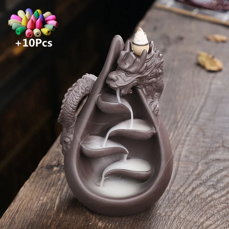 Kadzielnica Smok z wodospadem dymu — ceramiczny ornament zen żółty