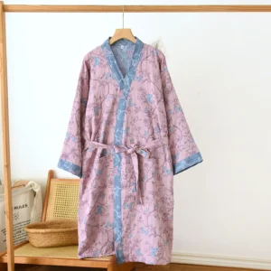 Kimono damskie bawełniane z paskiem – letni szlafrok w wielu kolorach żółty