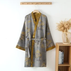 Bawełniane kimono dla mężczyzn z żakardowym wzorem – wiosna i lato Szary