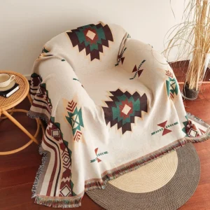 Koc aztecki boho z frędzlami w geometryczny wzór Czarny