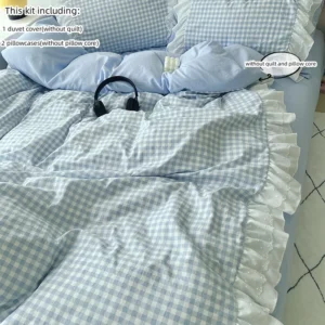 Komplet pościeli w różową kratę 3 sztuki na każdą porę roku Niebieski