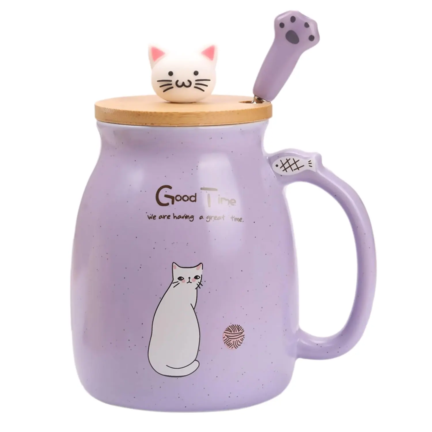 Kubek ceramiczny kot z pokrywką i łyżeczką 470 ml Fioletowy